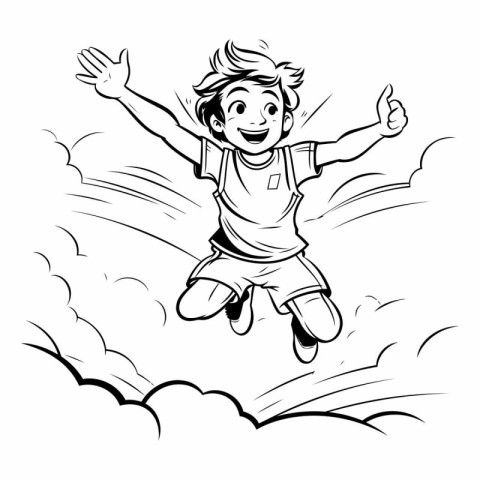 Boy jumping on the clouds. Black and white vector illustration f