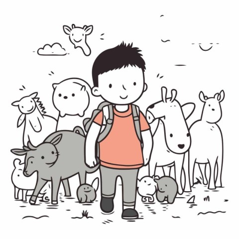 Cute little boy walking with a group of farm animals.