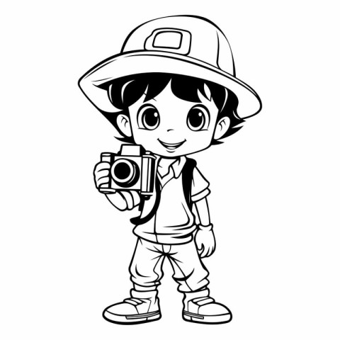 cute boy with camera. black and white vector illustration graphi