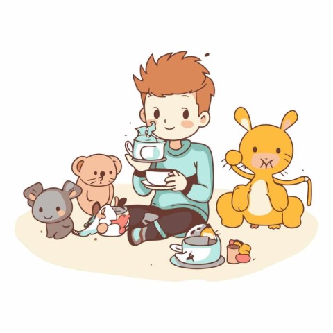 Cute little boy with a cup of tea and toys