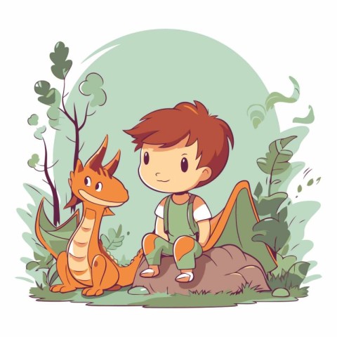 Cute little boy playing with dinosaur in the jungle.