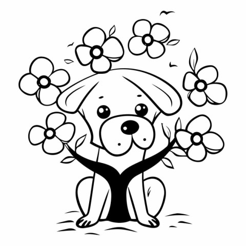 Black and white vector illustration of a dog with flowers in its