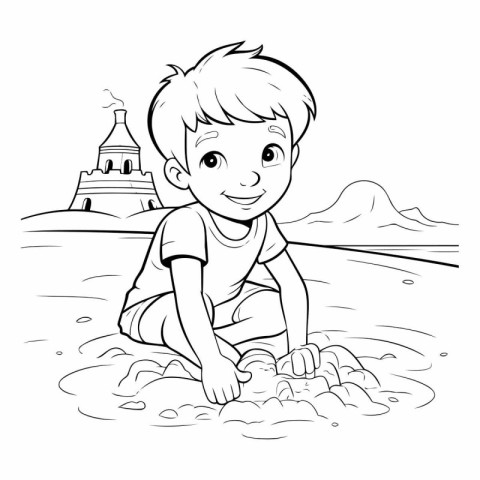 Cute little boy playing in the water. black and white vector ill