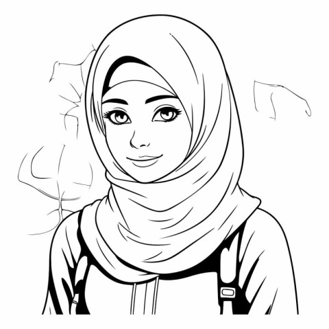 Arabic woman with hijab. black and white vector illustration for