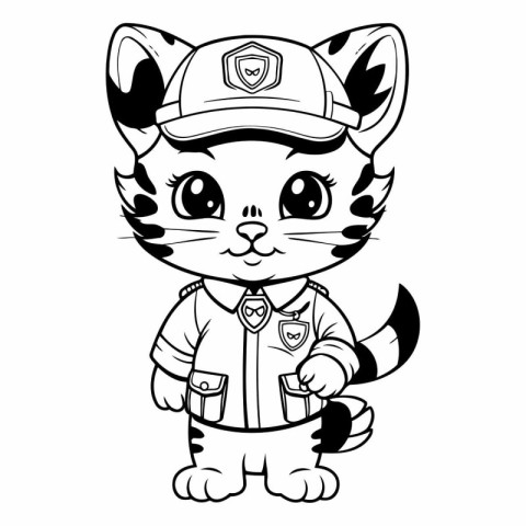 Black and White Cartoon Illustration of Cute Little Tiger Sailor