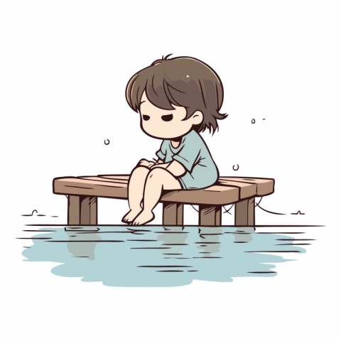 Illustration of a little boy sitting on a pier by the water