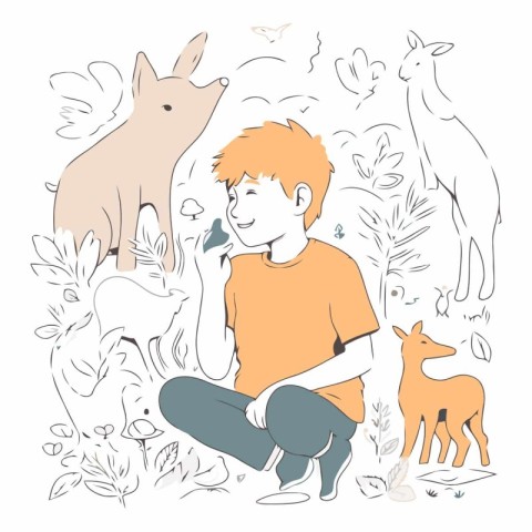 Vector illustration of a boy sitting in front of a herd of anima