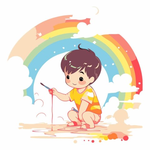 cute little boy playing in the rain with rainbow vector illustra