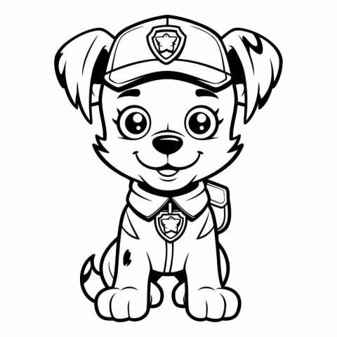 Black and White Cartoon Illustration of Cute Puppy Police Dog Ma