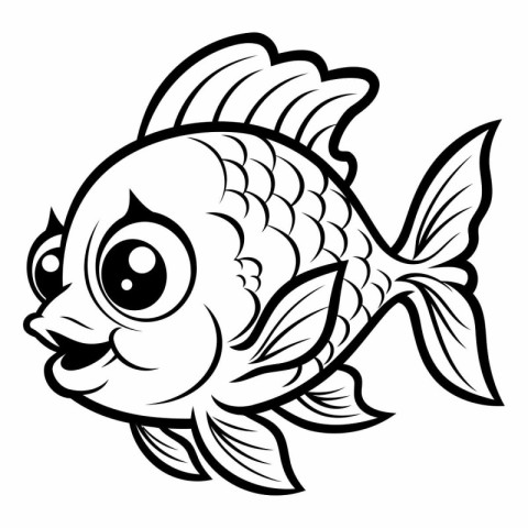 Cute Fish - Black and White Cartoon Illustration. Vector Art