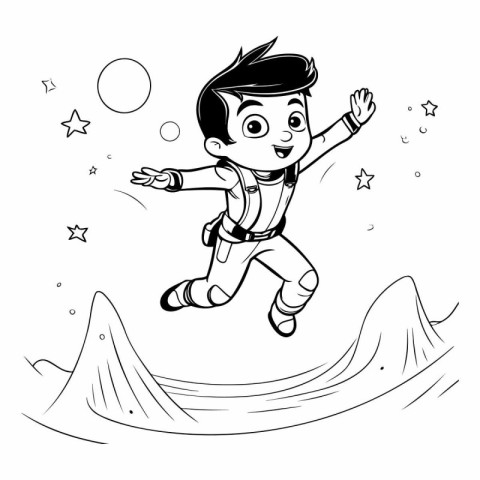 Cute little boy flying in space. black and white vector illustra