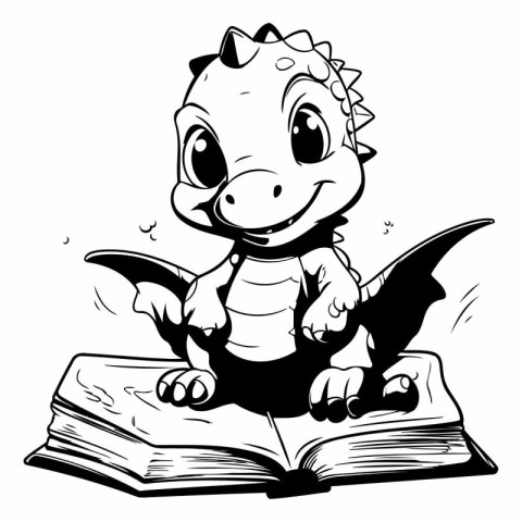 Cute Dinosaur Reading Book - Black and White Cartoon Illustratio