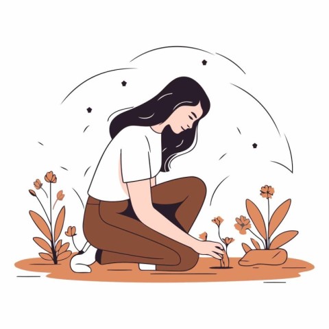 Girl sitting on the ground and sniffing flowers in cartoon style