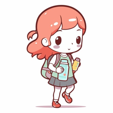 Cute little girl with backpack and bottle of water.