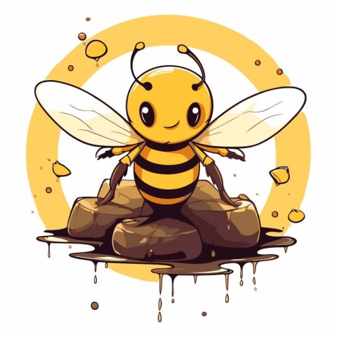 Vector illustration of a cute cartoon bee sitting on a stone and