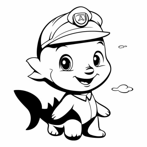 Black and White Cartoon Illustration of Cute Little Fish Animal