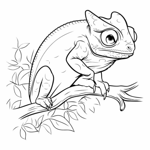 Chameleon on a branch. Coloring book page for adults.