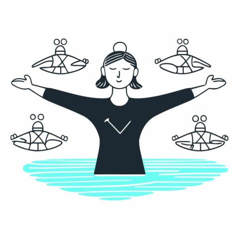 Vector illustration of a girl with a lot of fish in her hands