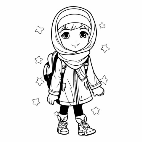 Cute cartoon girl in a hijab with a backpack.