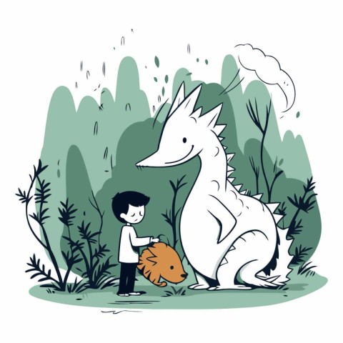 Little boy playing with a dinosaur in the park.