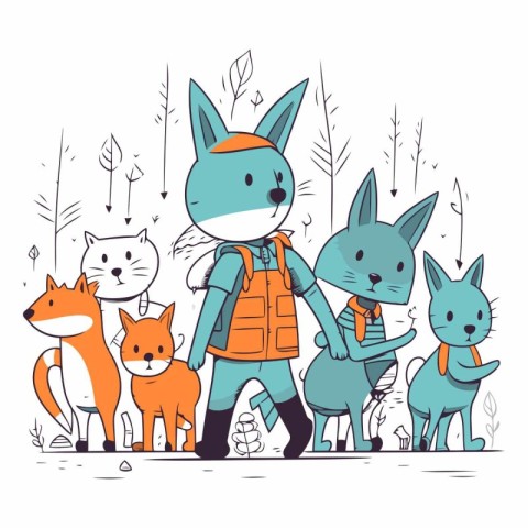 Vector illustration of cute cartoon foxes in winter clothes. Fun