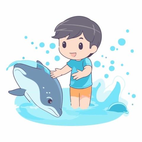 Cute boy playing with a dolphin in the water.