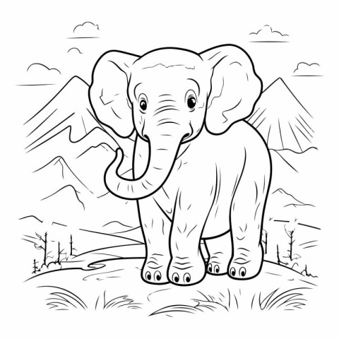 Elephant in the mountains. Black and white vector illustration f