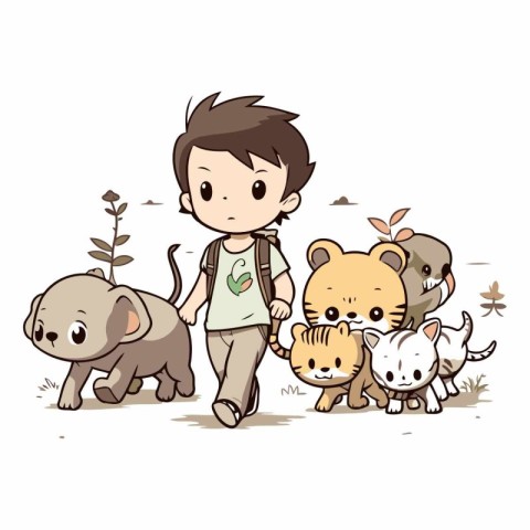 Little boy walking with a group of wild animals.