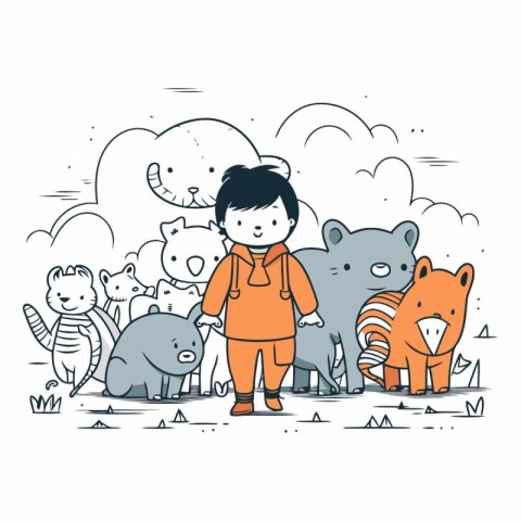 Vector illustration of a little boy playing with a group of wild