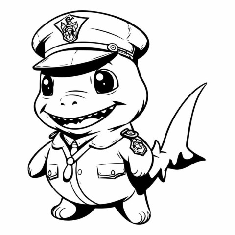 Cute Little Turtle Policeman - Black and White Cartoon Illustrat