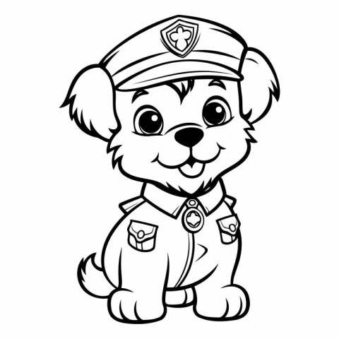 Black and White Cartoon Illustration of Cute Puppy Police Animal