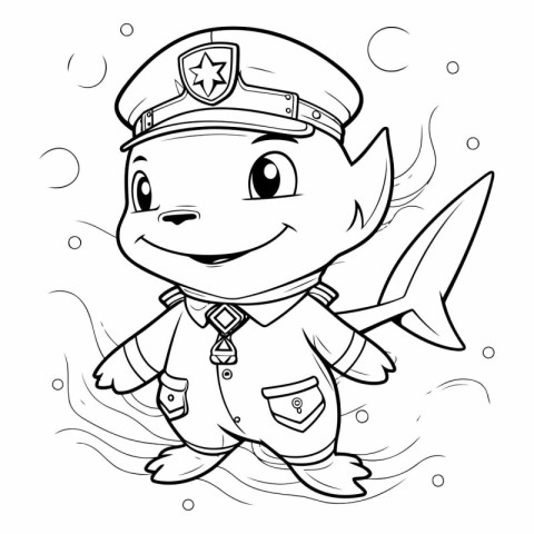 Black and White Cartoon Illustration of Cute Fish Policeman Char