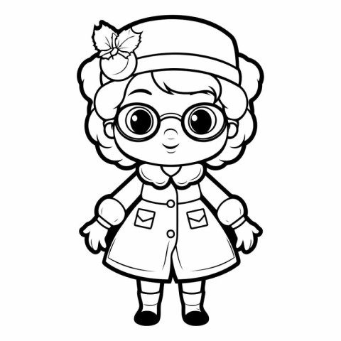 Coloring book for children: Cute cartoon girl in a hat and glass