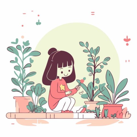 Girl planting in the garden in a flat style.