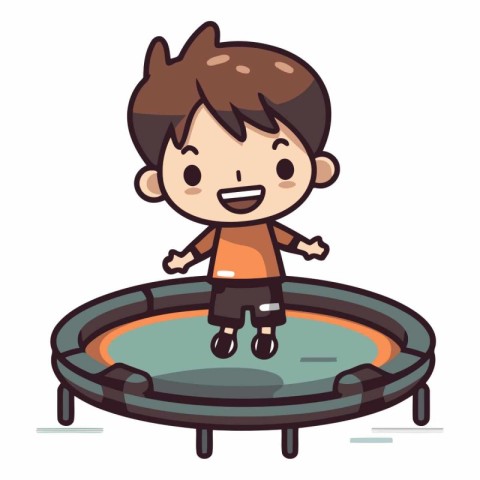 Boy Jumping on Trampoline - Colorful Cartoon Vector Illustration