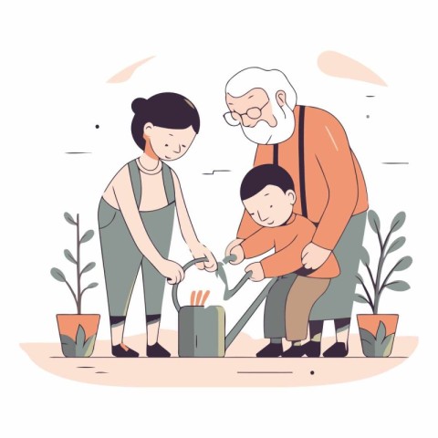 Grandparents and grandson watering plants in cartoon style.