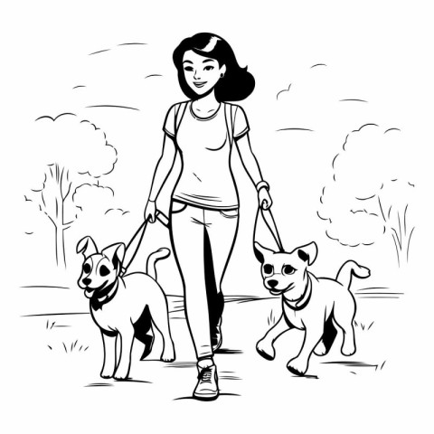 Woman walking with her dogs in the park. Black and white vector