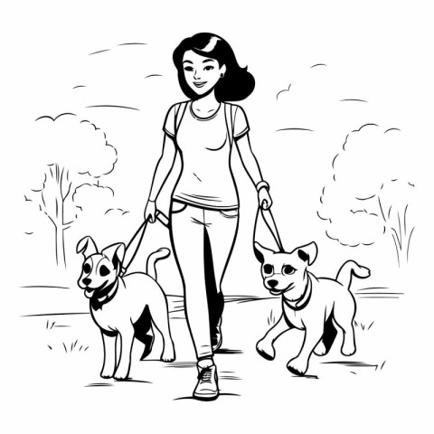 Woman walking with her dogs in the park. Black and white vector