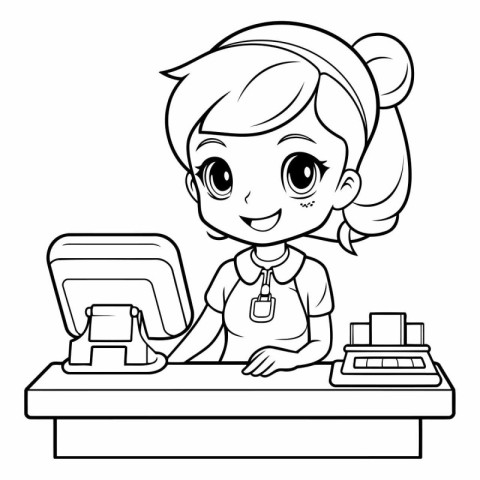 Black and White Cartoon Illustration of Cute Little Girl with Ty