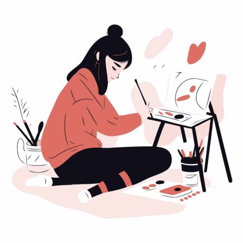 Girl draws a picture in the style of a sketch