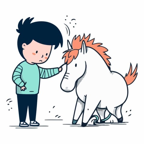 Little boy playing with a white horse. Cute cartoon vector illus