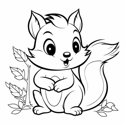 Coloring Page Outline of a squirrel sitting on a branch with lea