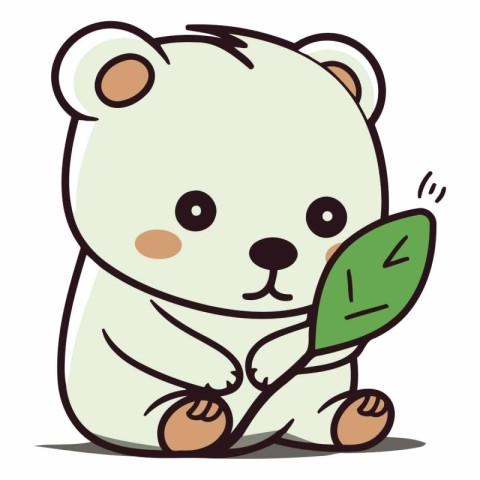 Cute Polar Bear Sitting and Holding Leaf Vector Illustration EPS