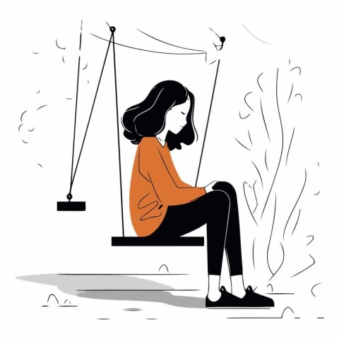 Sad girl sitting on a swing in the park.