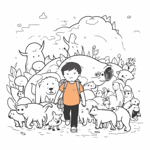 Little boy with dog in the park. Hand drawn vector illustration.