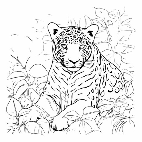 Jaguar in the jungle. Hand drawn vector illustration. Coloring p