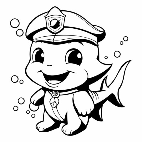 Black and White Cartoon Illustration of Cute Little Policeman Ca