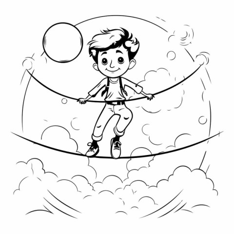 Little boy balancing on a tightrope. Black and white vector illu