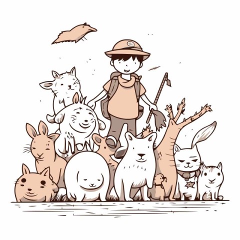 illustration of a farmer with his farm animals on a white backgr