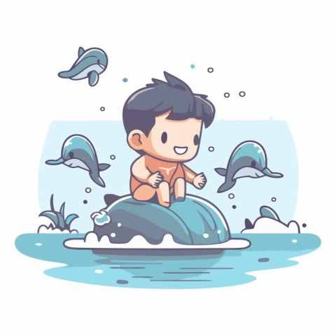 Cute little boy swimming in the sea in cartoon style.